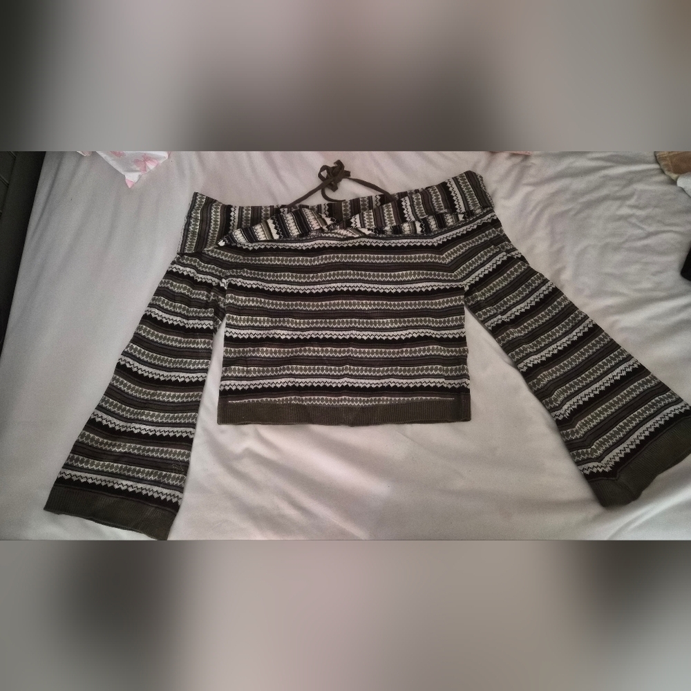 Striped Off-the-Shoulder Bell Sleeve Sweater - Thorn & Fable